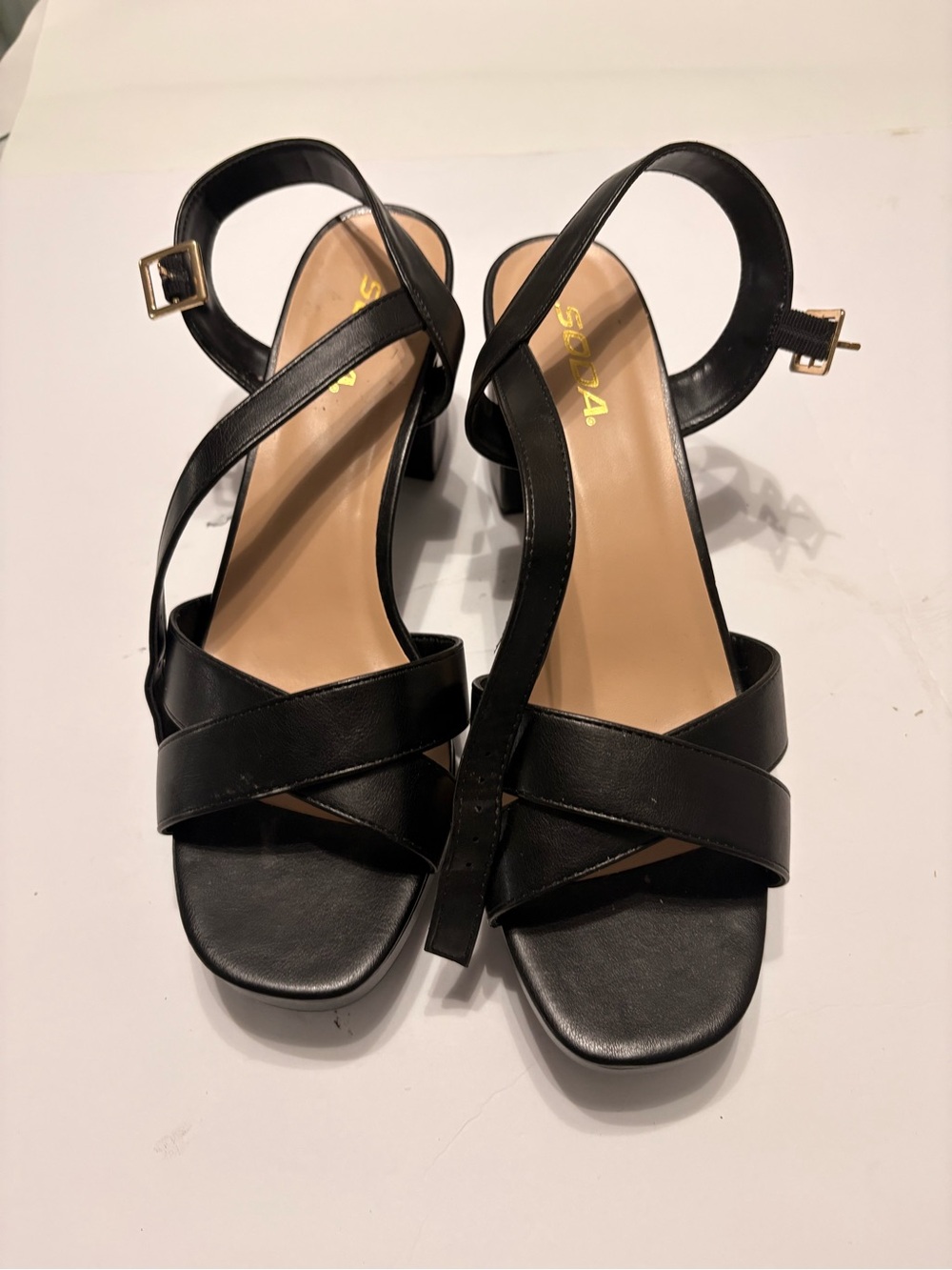 Soda Black Crisscross Ankle-Strap Block Heels
